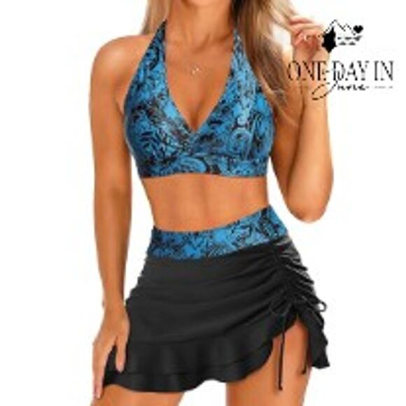 Yonique Halter Drawstring Skirtini Swimsuit Size S - Picture 1 of 4